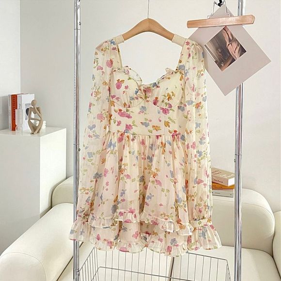 Floral Printed Chiffon Puff Sleeve Ruffled Tiered Birthday Party Flirty … - Picture 3 of 9